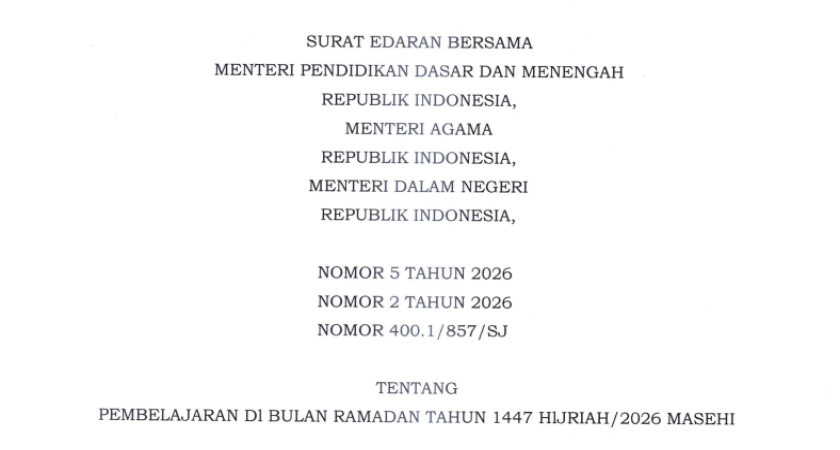 SEB Tentang Pembelajaran Di Bulan Ramadan Tahun 2026