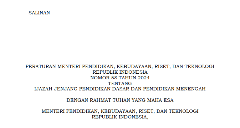 Permendikbudristek Nomor 58 Tahun 2024