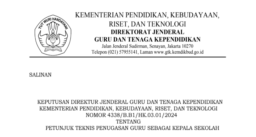 Keputusan Dirjen GTK Nomor 4338/B.B1/HK.03.01/2024